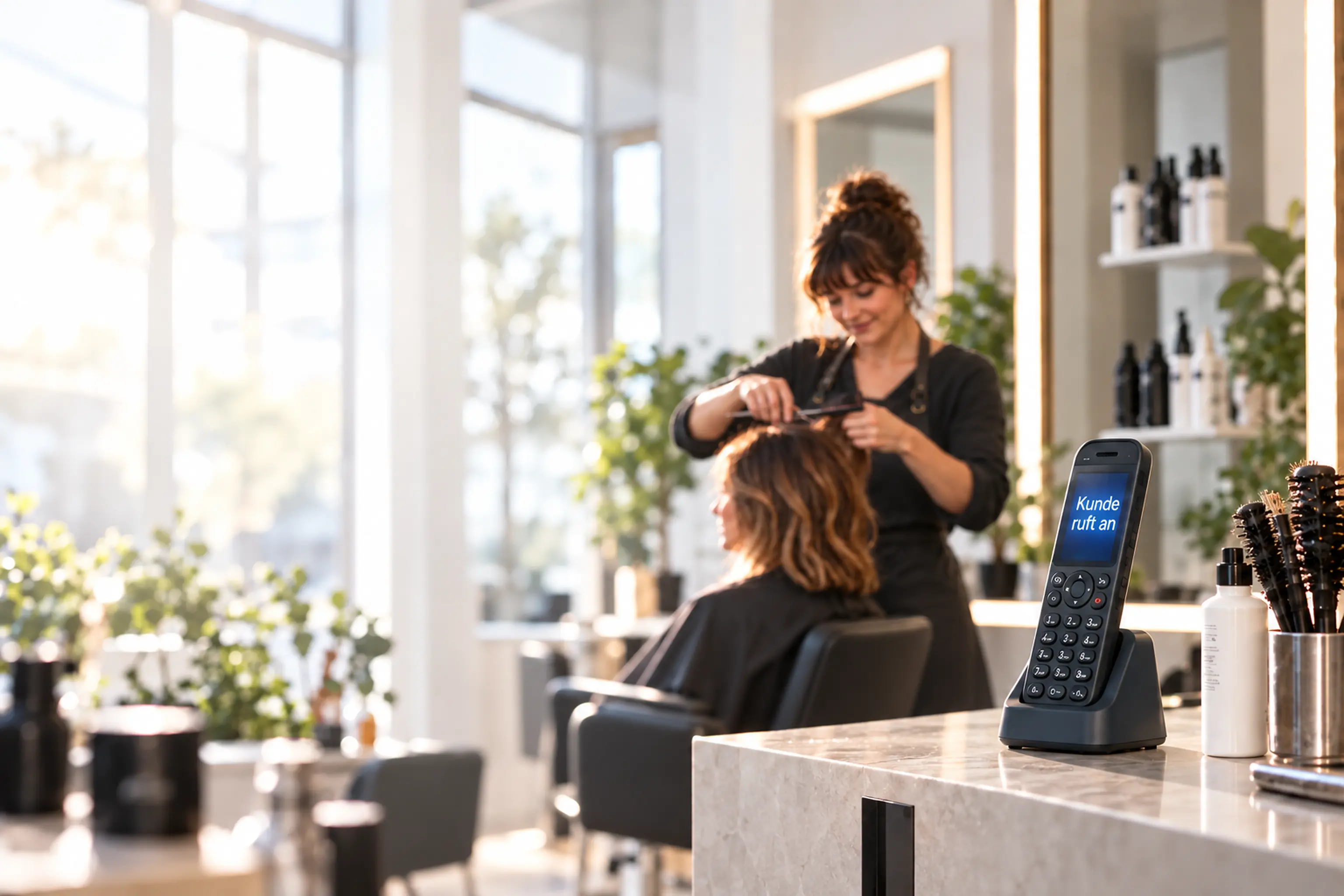 Festnetztelefon zeigt ‚Kunde ruft an‘, während im Hintergrund weitergearbeitet wird