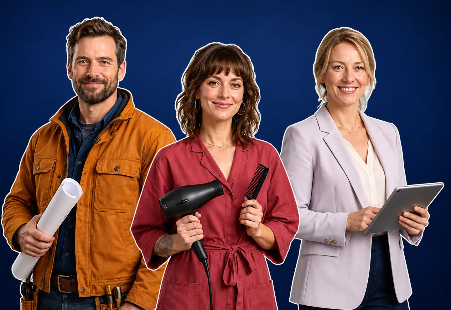 Handwerker, Friseurin und Ärztin stellvertretend für unterschiedliche Arbeitswelten